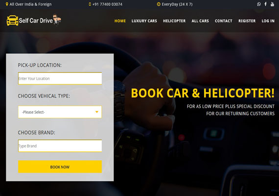 Selfcardrive website for taxi service as well as helicopter service for marriage or any other function. if you have any cab you can register your cab on this website too.